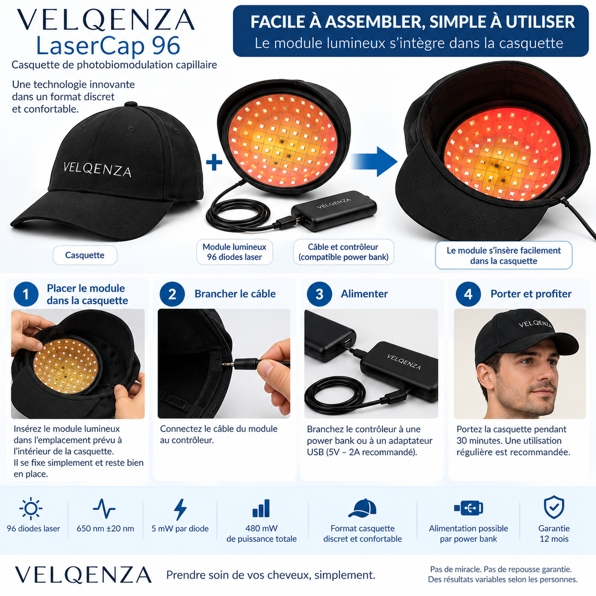 VELQENZA LaserCap 96 – Casquette de photobiomodulation capillaire